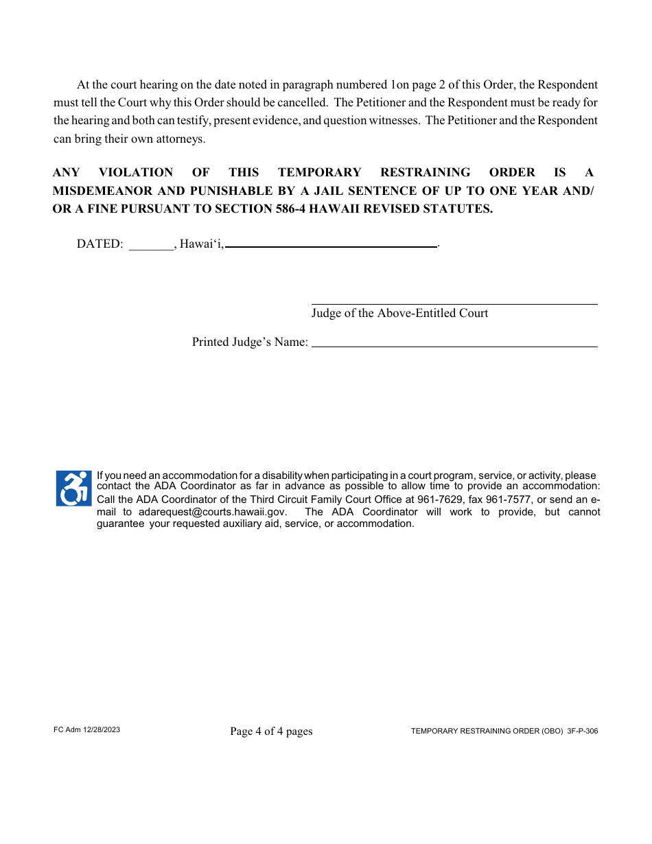 Form 3F-P-306 Temporary Restraining Order - Hawaii, Page 4