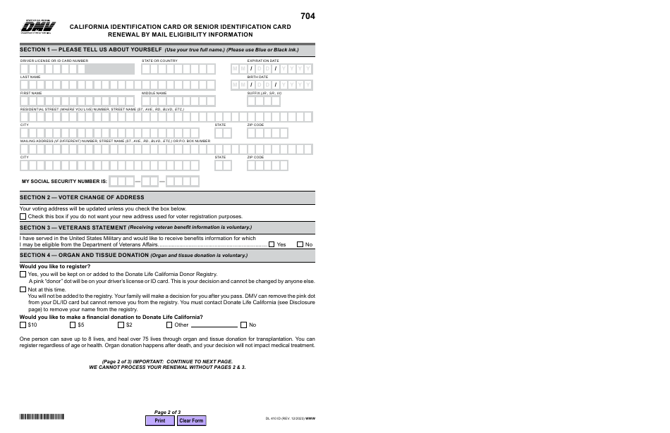 Form DL410 ID California Identification Card or Senior Identification Card Renewal by Mail Eligibility Information - California, Page 2