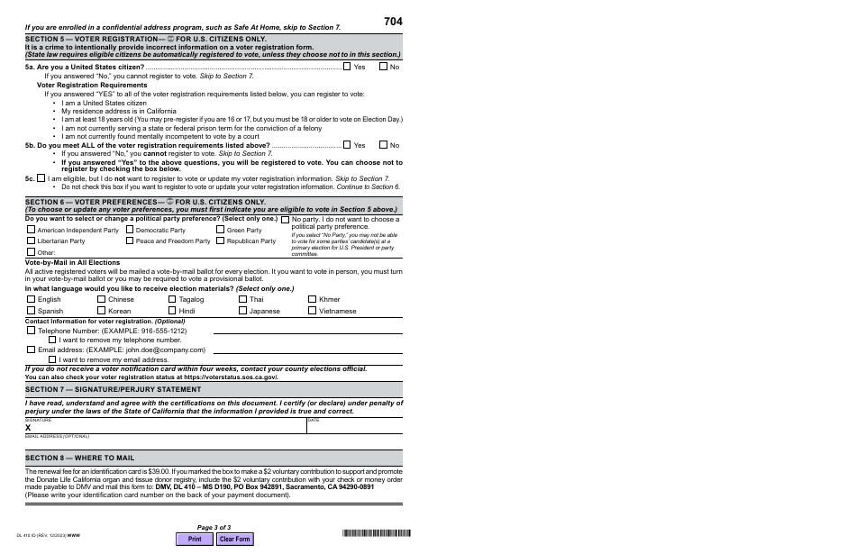 Form DL410 ID California Identification Card or Senior Identification Card Renewal by Mail Eligibility Information - California, Page 3