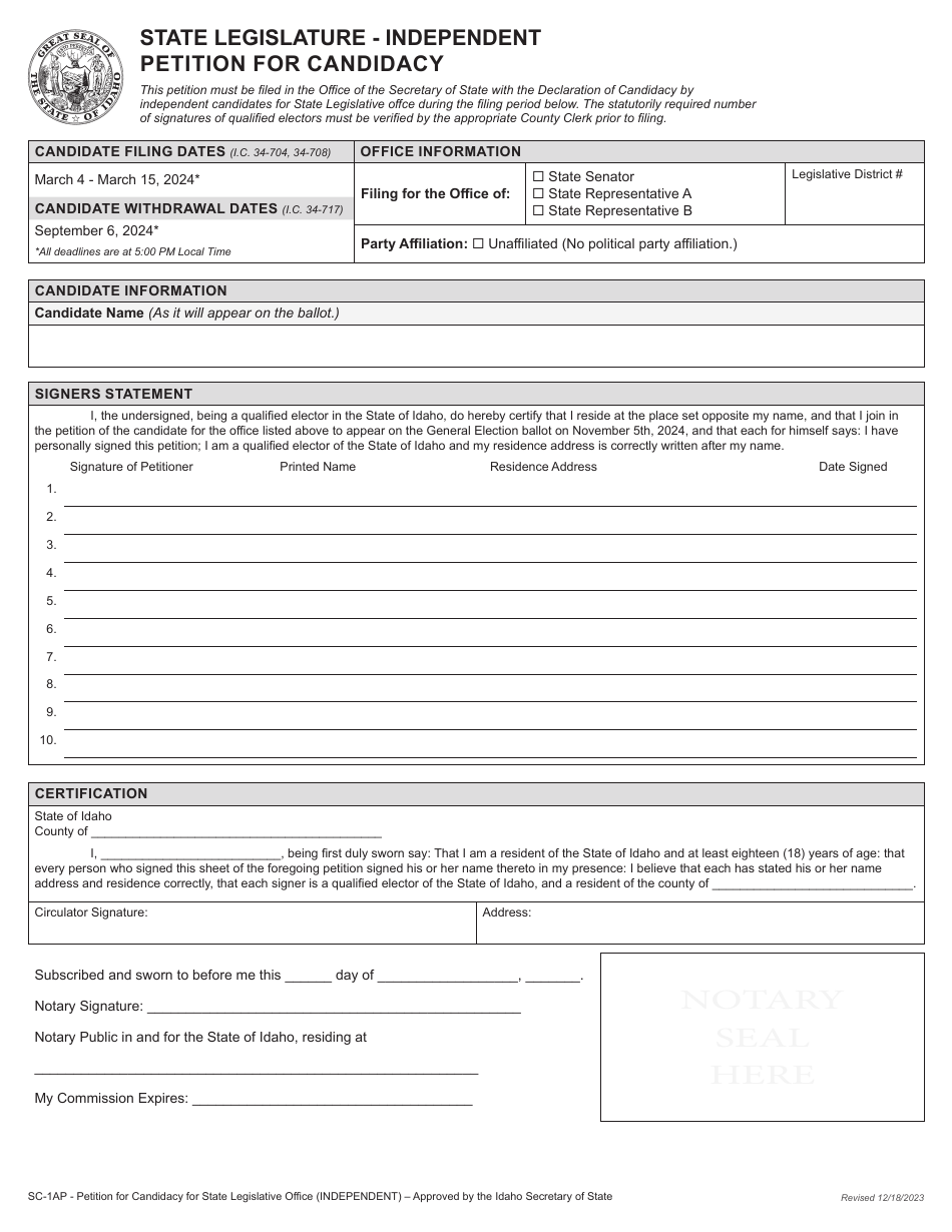 Form SC-1AP State Legislature - Independent Petition for Candidacy - Idaho, Page 2