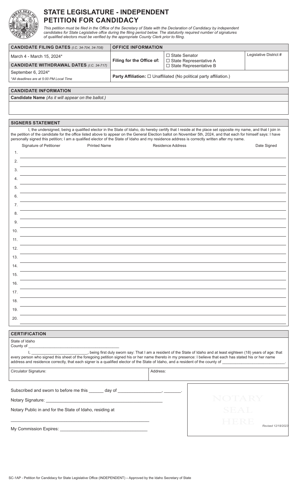 Form SC-1AP State Legislature - Independent Petition for Candidacy - Idaho, Page 3