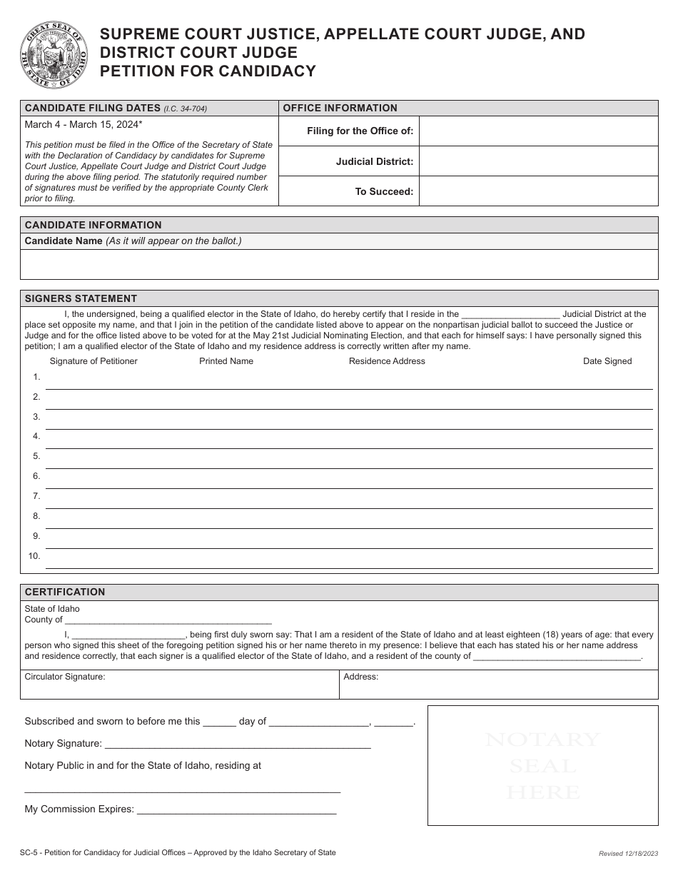 Form SC-5 Supreme Court Justice, Appellate Court Judge, and District Court Judge Petition for Candidacy - Idaho, Page 2