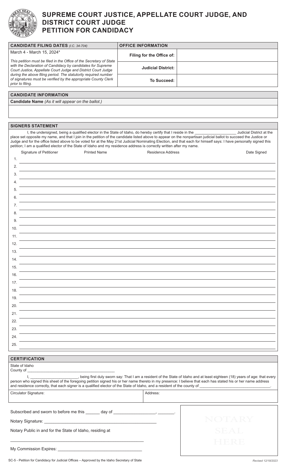 Form SC-5 Supreme Court Justice, Appellate Court Judge, and District Court Judge Petition for Candidacy - Idaho, Page 3