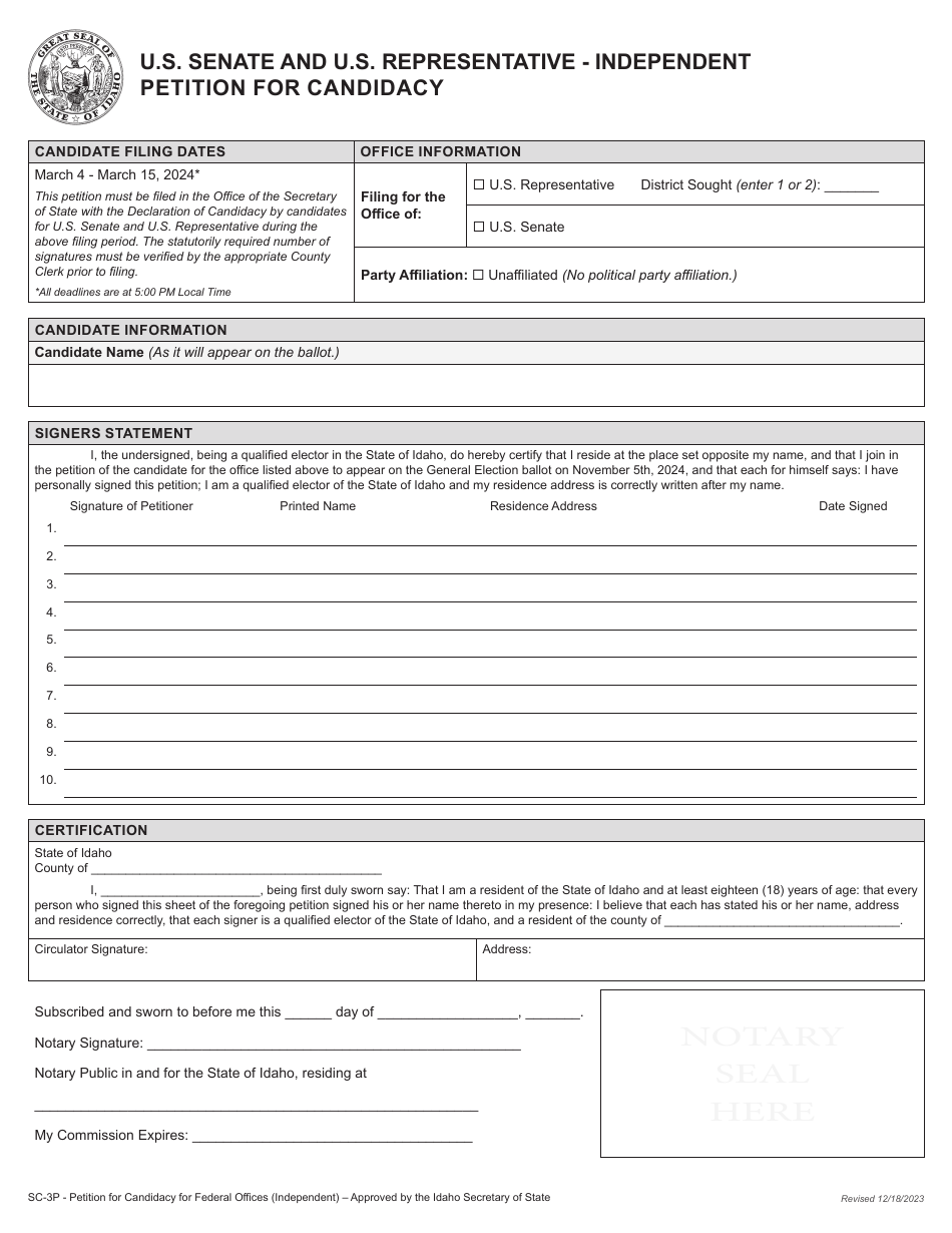 Form SC-3P U.S. Senate and U.S. Representative - Independent Petition for Candidacy - Idaho, Page 2
