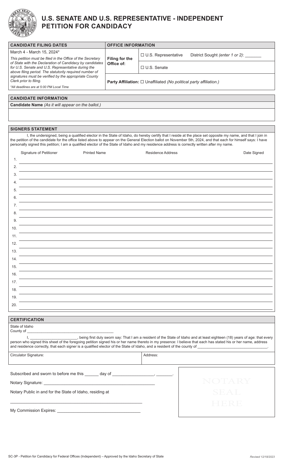 Form SC-3P U.S. Senate and U.S. Representative - Independent Petition for Candidacy - Idaho, Page 3