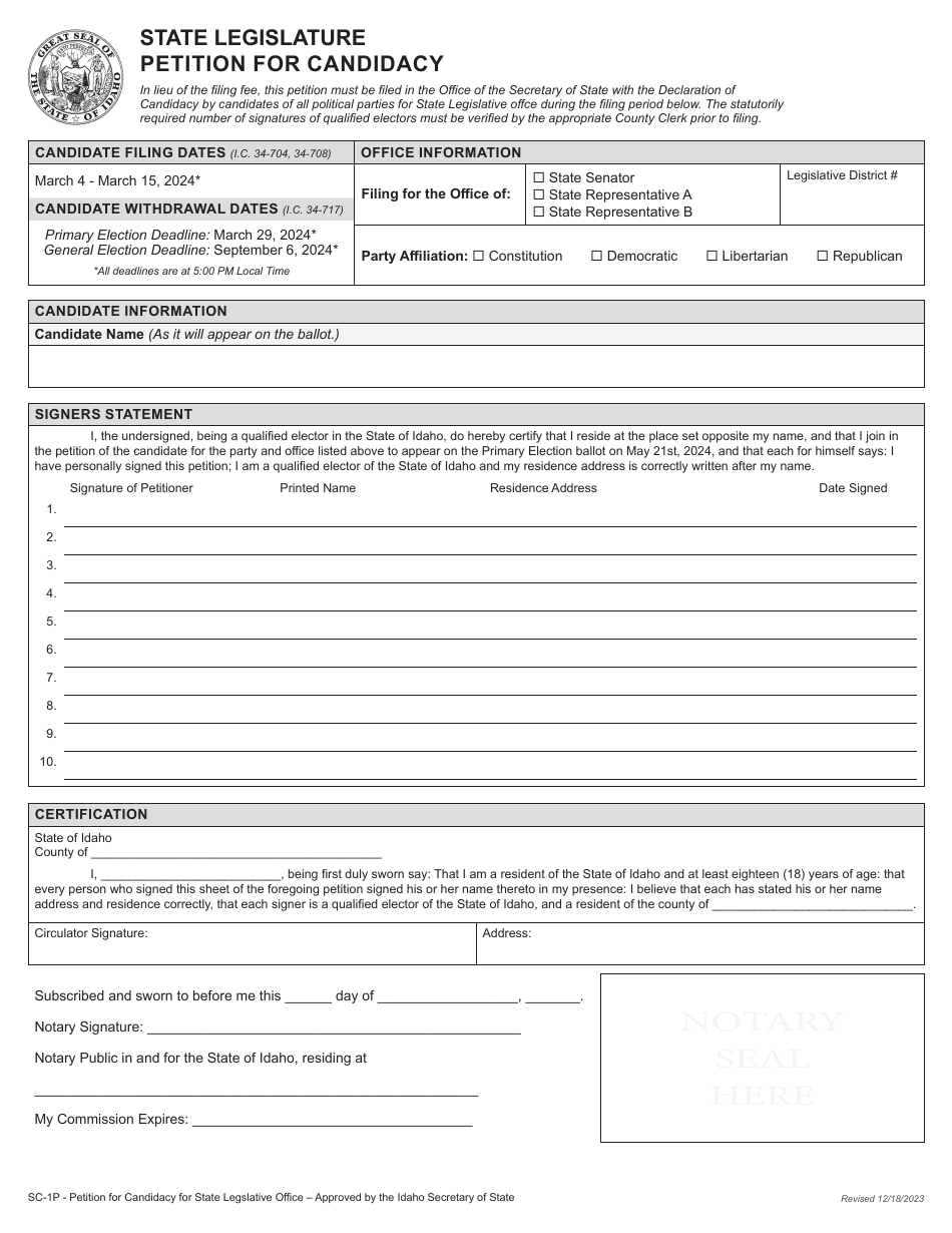 Form SC-1P State Legislature Petition for Candidacy - Idaho, Page 2