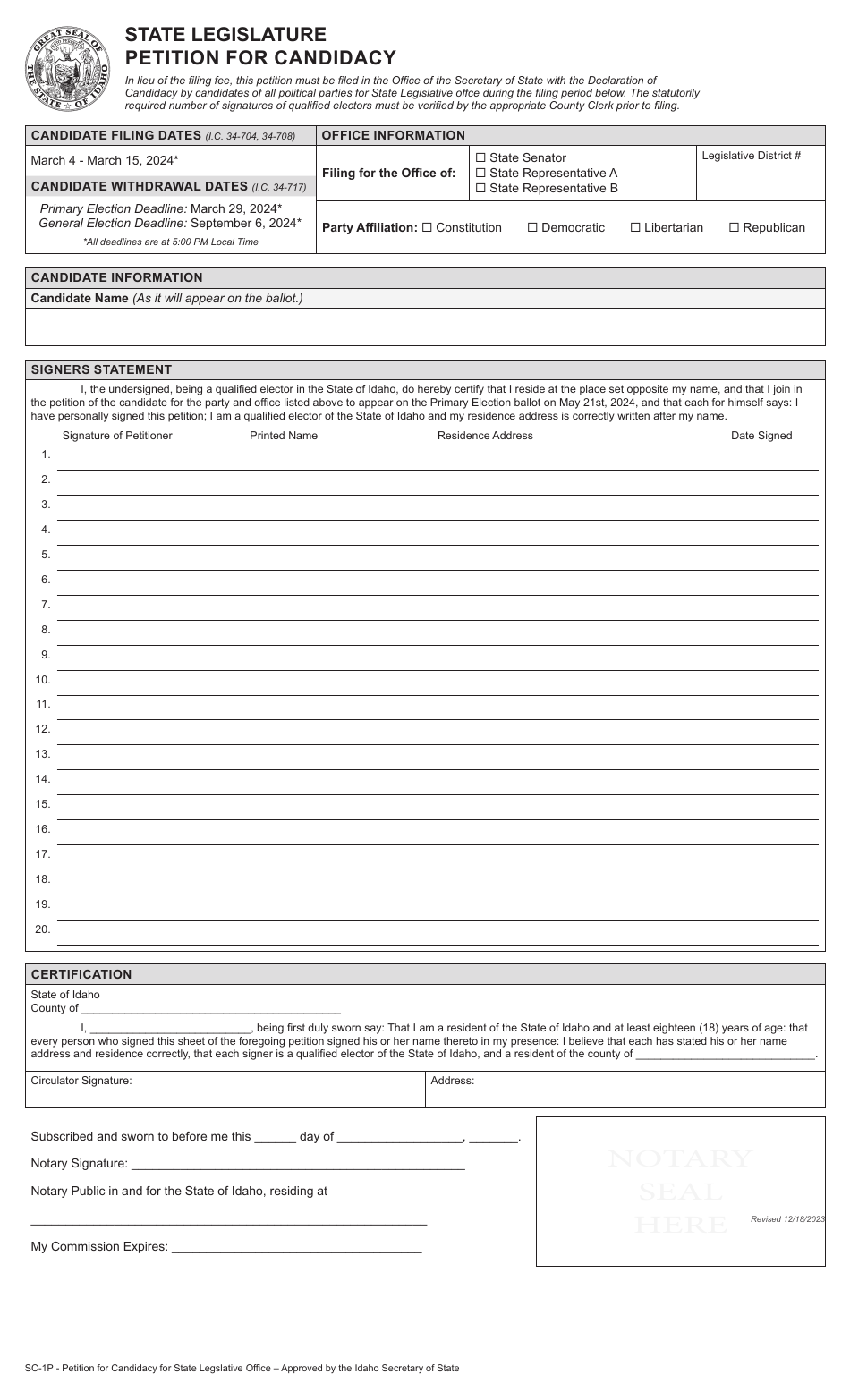 Form SC-1P State Legislature Petition for Candidacy - Idaho, Page 3
