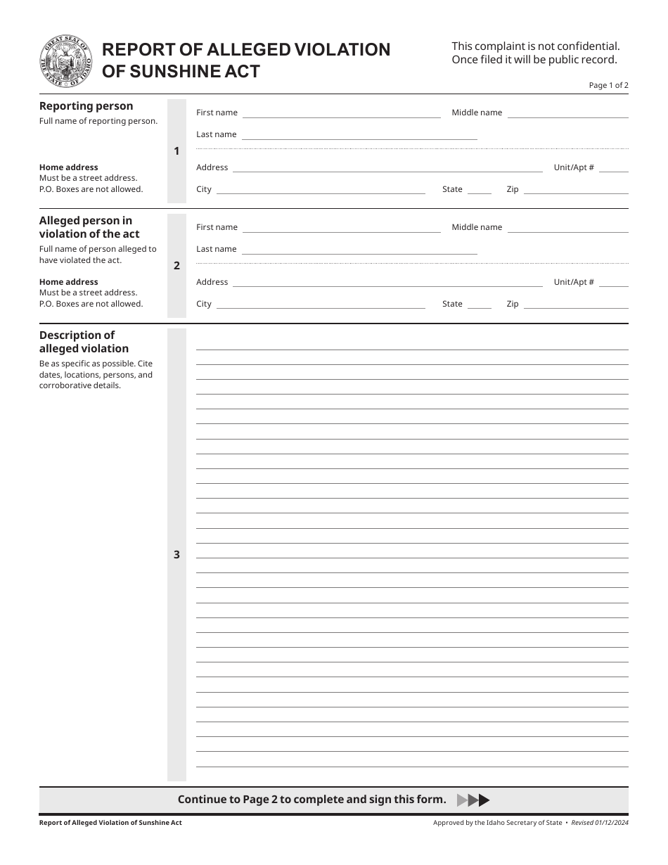 Report of Alleged Violation of Sunshine Act - Idaho, Page 1