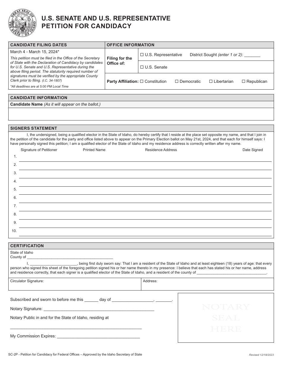 Form SC-2P U.S. Senate and U.S. Representative Petition for Candidacy - Idaho, Page 2