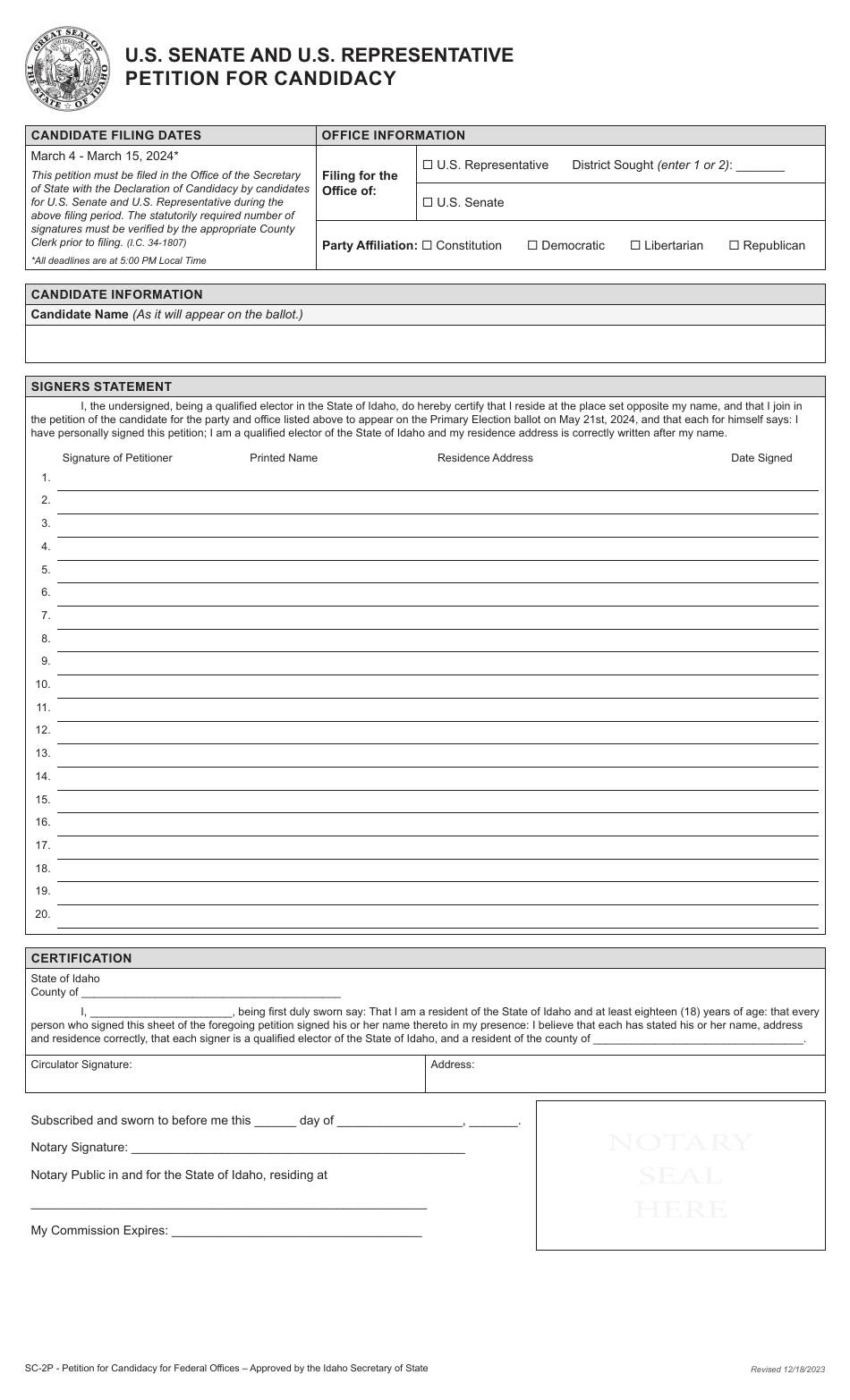 Form SC-2P U.S. Senate and U.S. Representative Petition for Candidacy - Idaho, Page 3