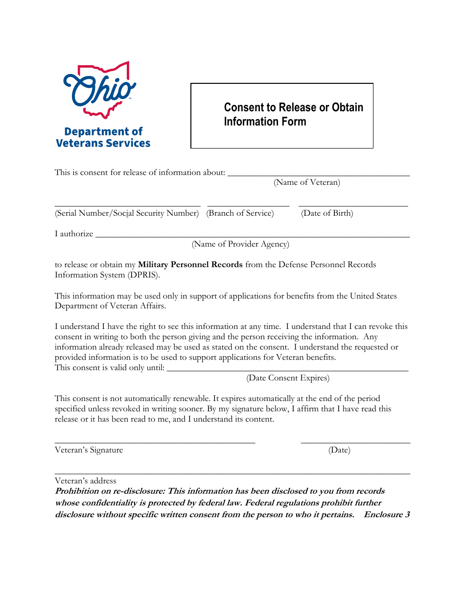 Enclosure 3 Consent to Release or Obtain Information Form - Ohio, Page 1