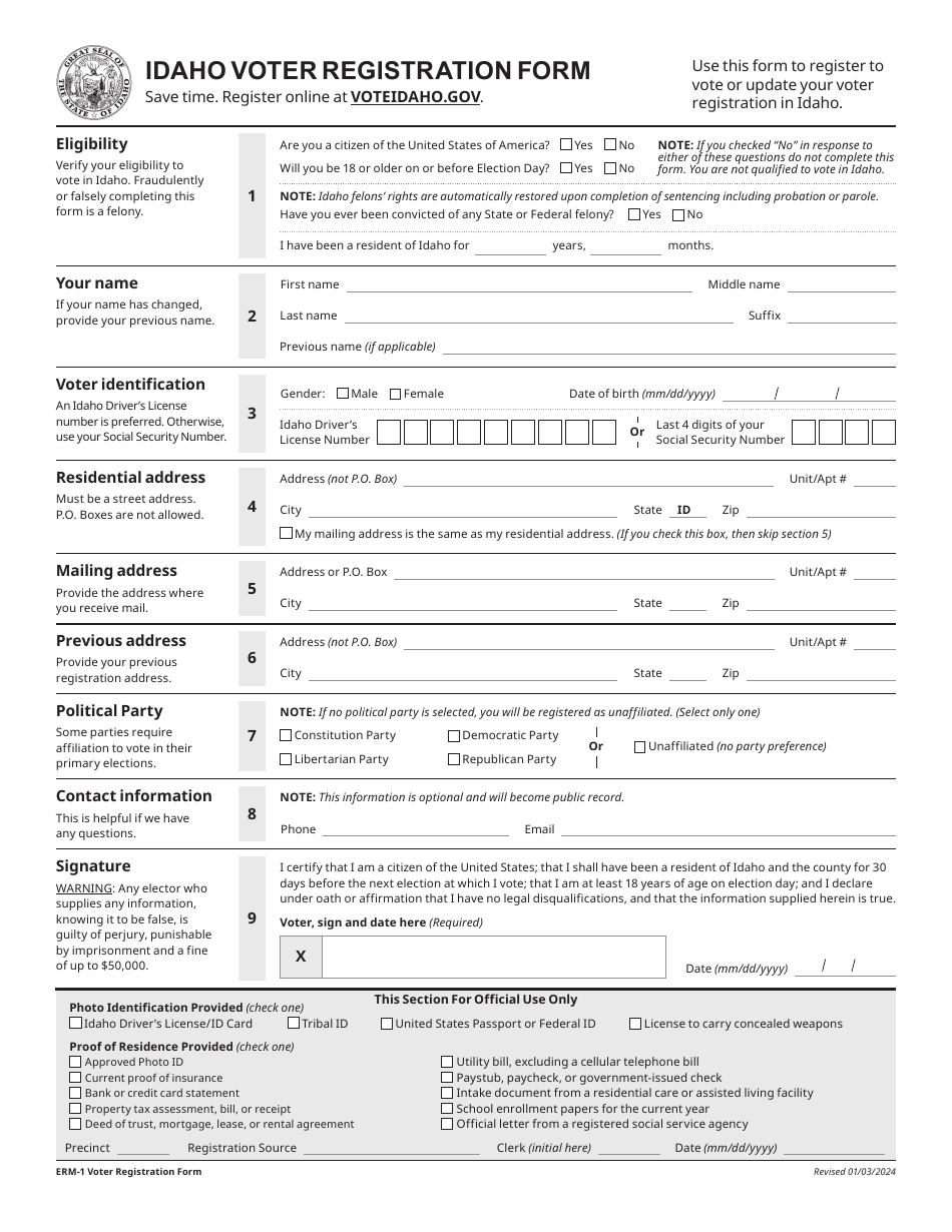 Idaho Voter Registration Form - Idaho, Page 1