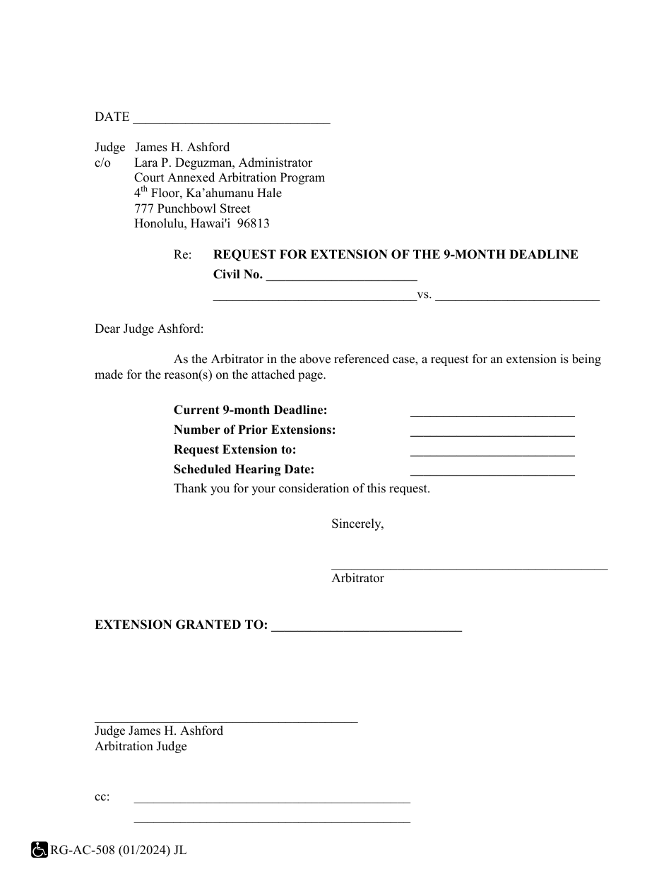 Form 1-CP-512 Request for Extension of the 9-month Deadline - Hawaii, Page 1