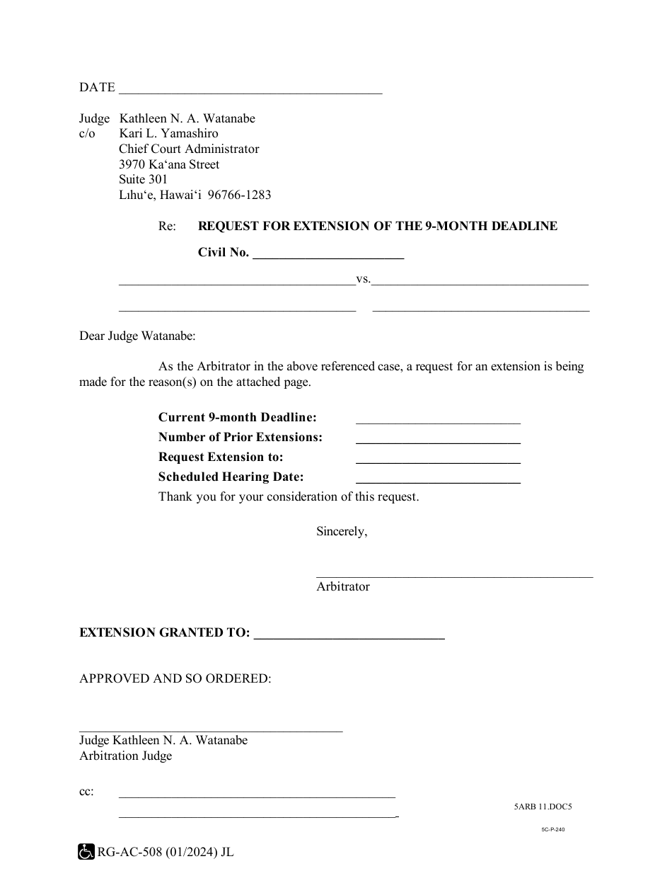 Form 5C-P-240 Request for Extension of the 9-month Deadline - Hawaii, Page 1