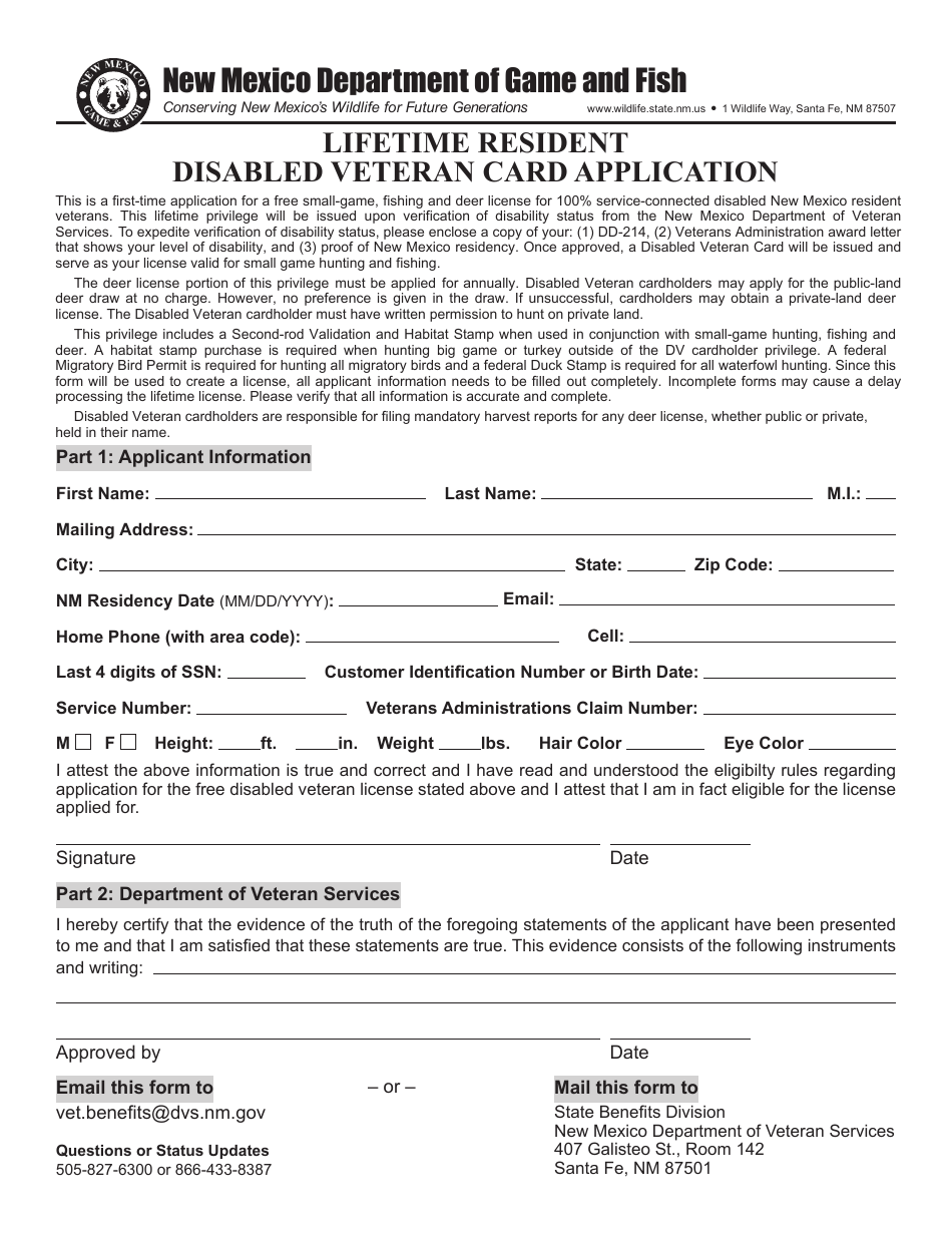 Lifetime Resident Disabled Veteran Card Application - New Mexico, Page 1