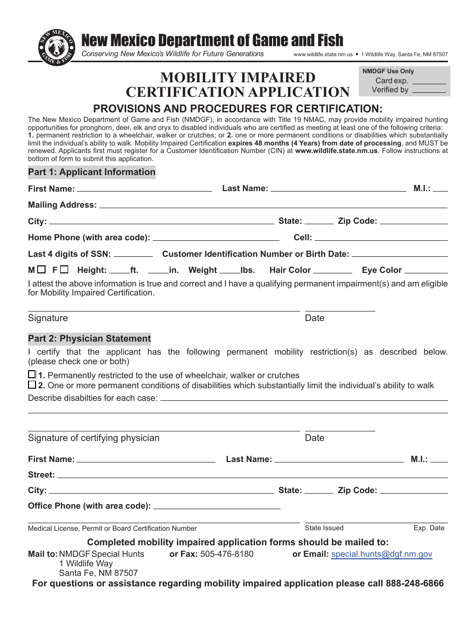 Mobility Impaired Certification Application - New Mexico, Page 1