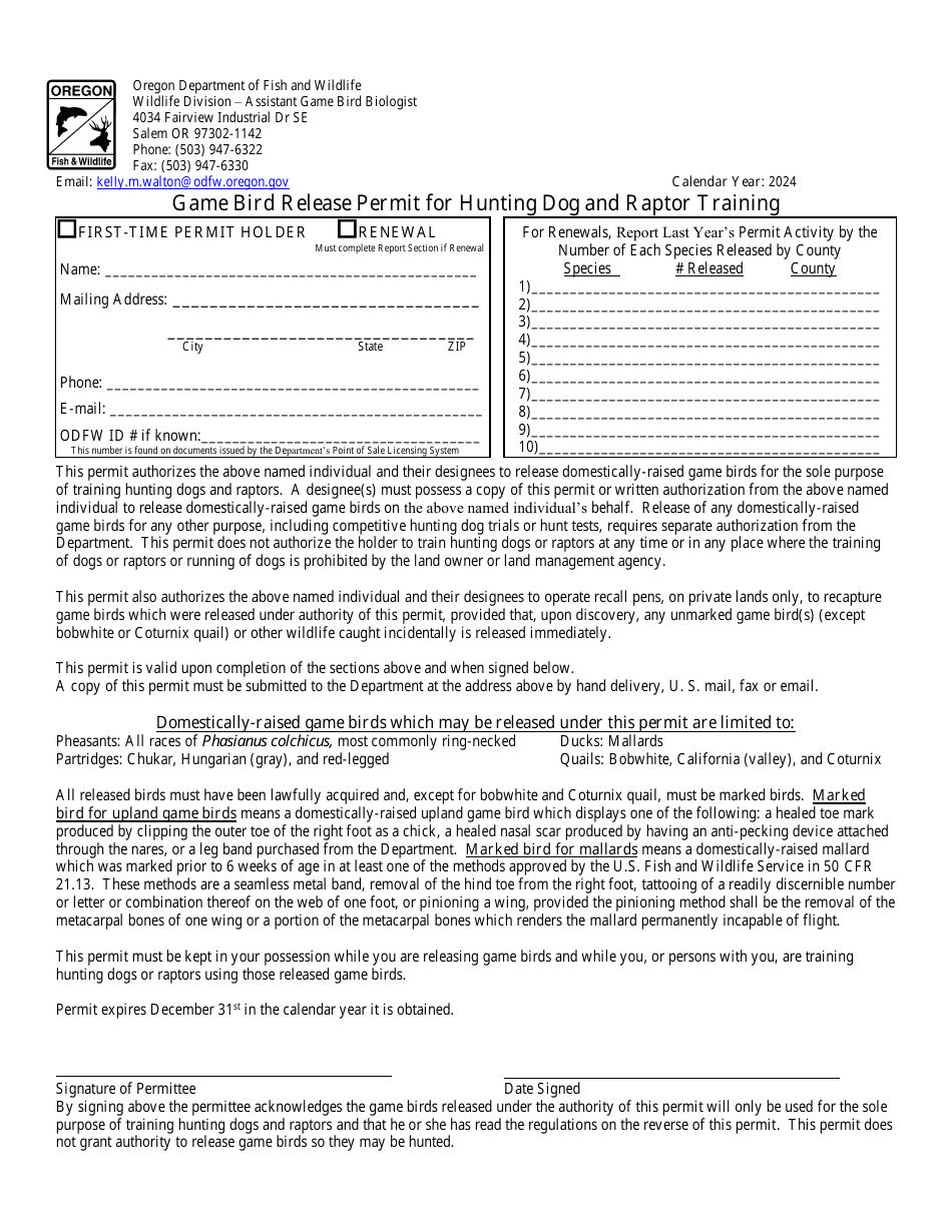 Game Bird Release Permit for Hunting Dog and Raptor Training - Oregon, Page 1