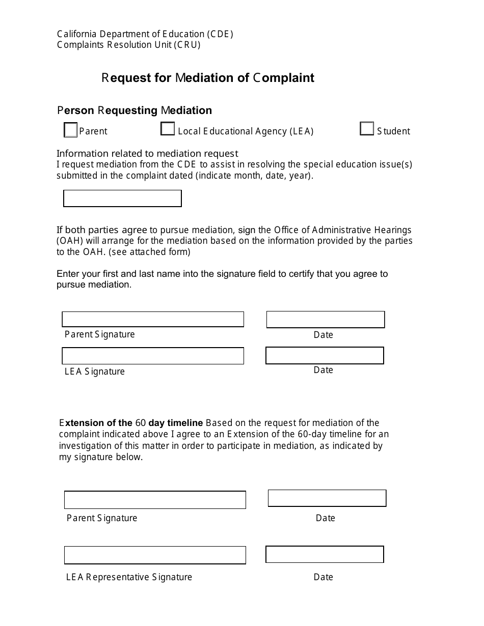 Request for Mediation of Complaint - California, Page 1