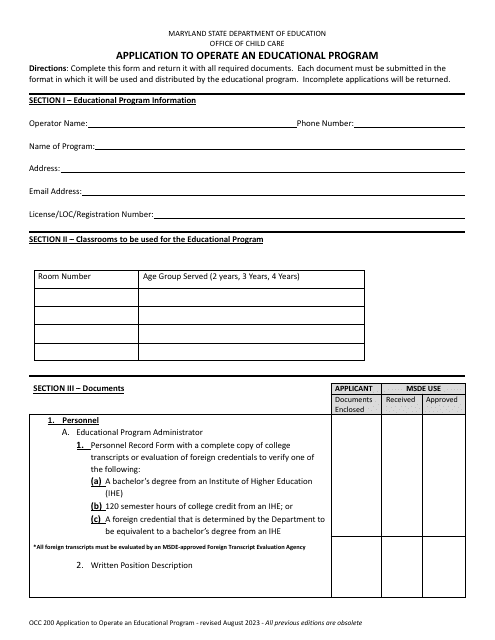 Form OCC200 Application to Operate an Educational Program - Maryland