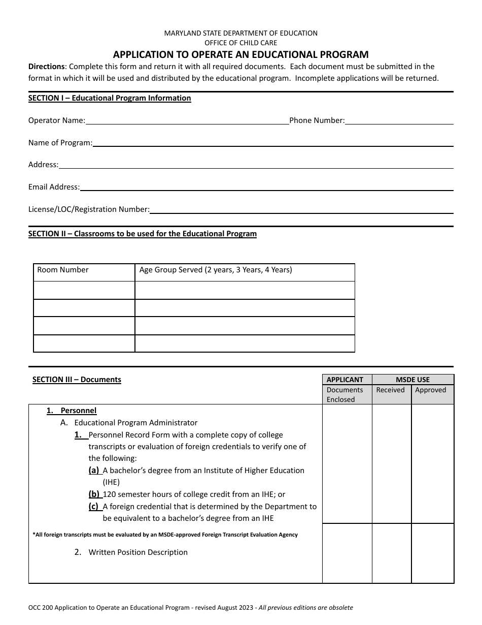 Form OCC200 Application to Operate an Educational Program - Maryland, Page 1
