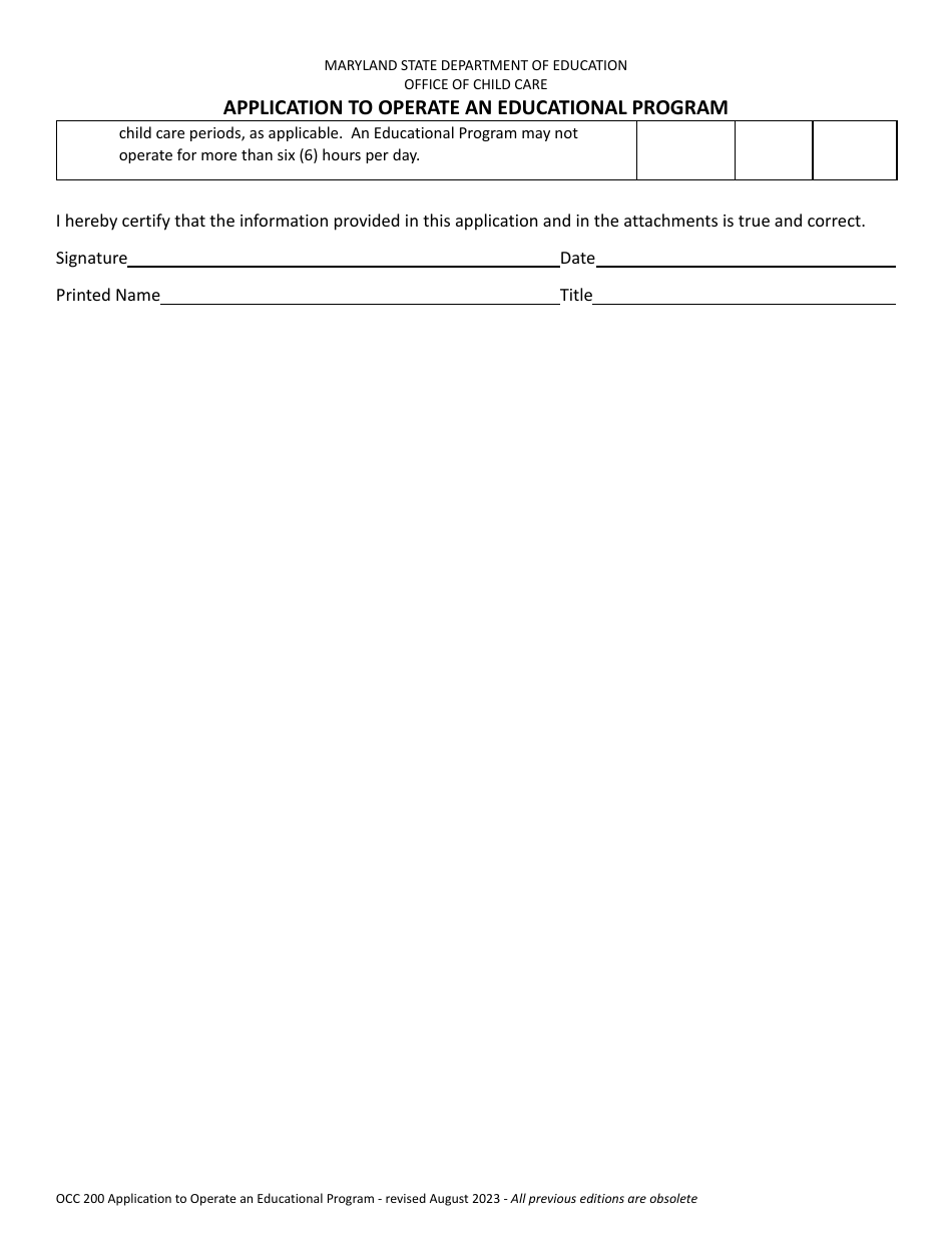 Form OCC200 Application to Operate an Educational Program - Maryland, Page 3
