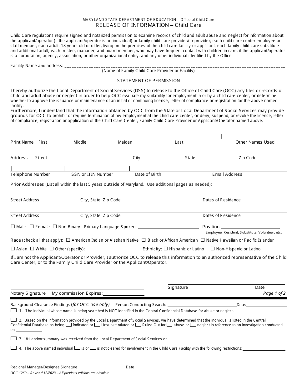 Form OCC1260 Release of Information - Child Care - Maryland, Page 1