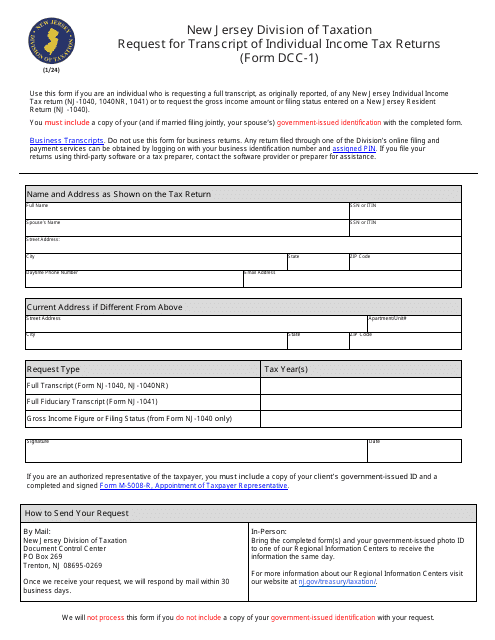 Form DCC-1 Request for Transcript of Individual Income Tax Returns - New Jersey