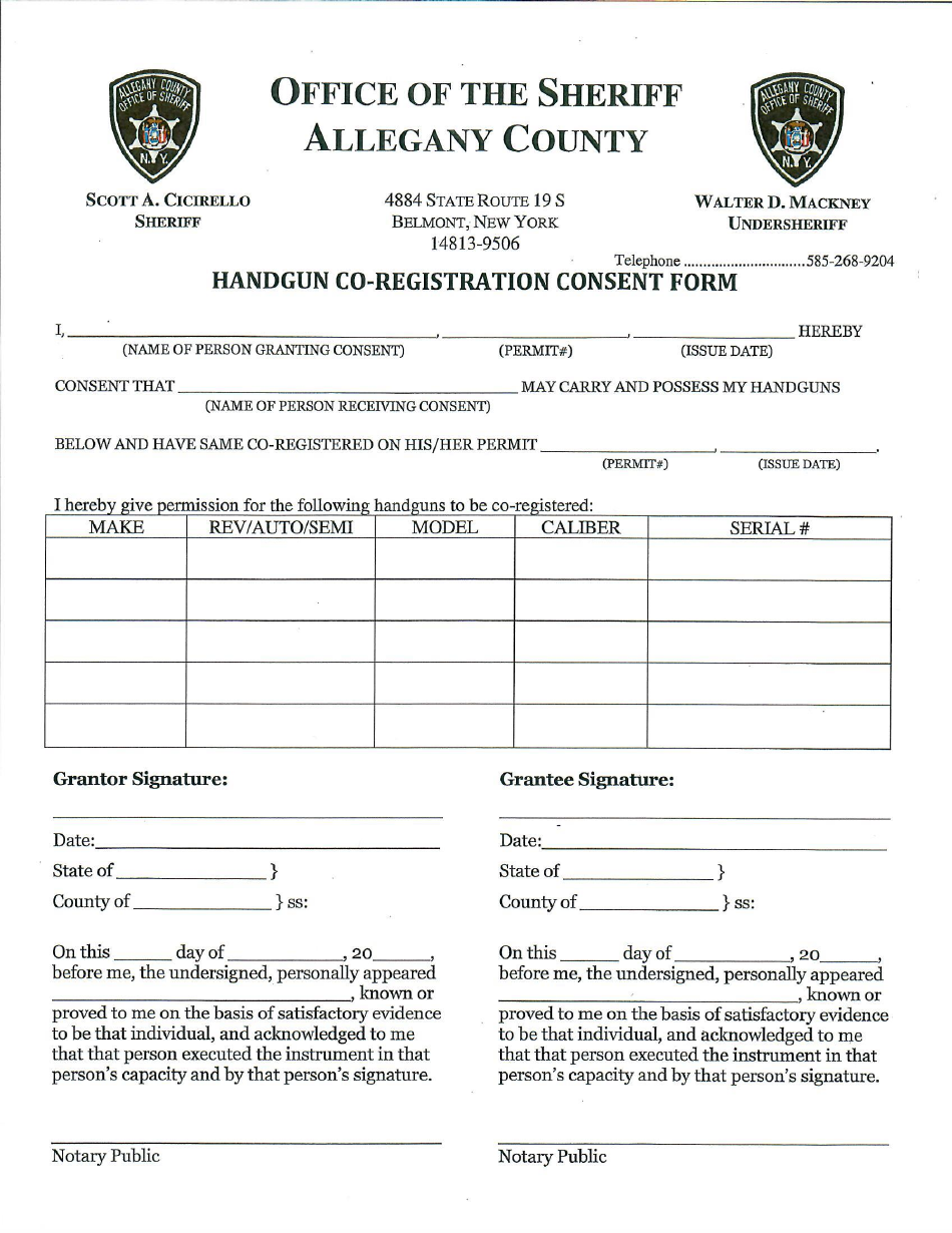 Handgun Co-registration Consent Form - Allegany County - Allegany County, New York, Page 1