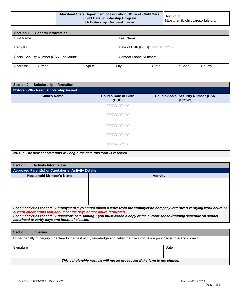 Scholarship Request Form - Child Care Scholarship Program - Maryland, Page 1