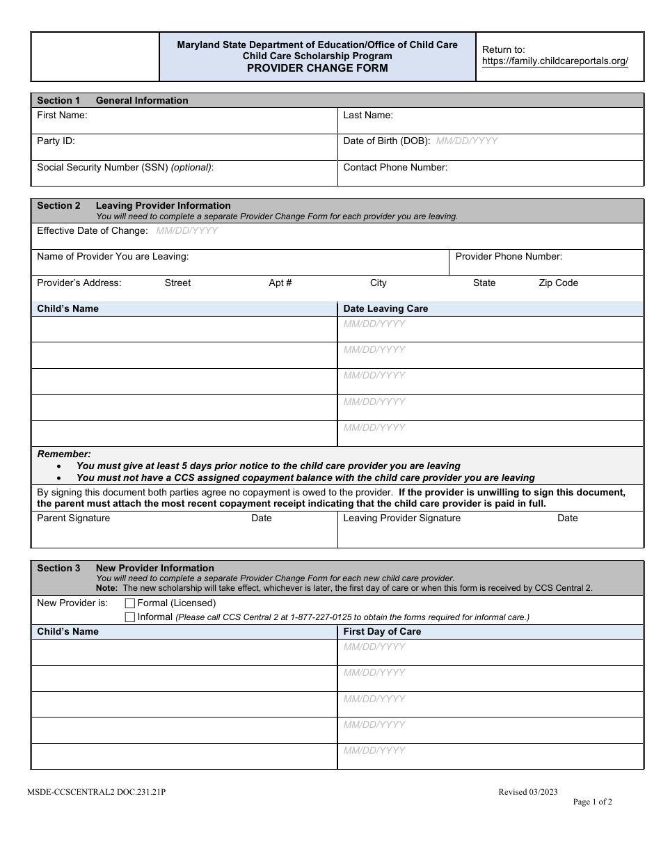 Form DOC.231.21P Provider Change Form - Child Care Scholarship Program - Maryland, Page 1