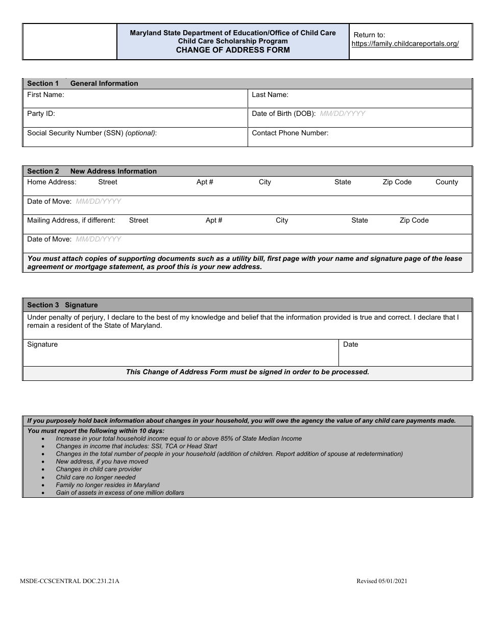 Form DOC.231.21A Change of Address Form - Child Care Scholarship Program - Maryland, Page 1