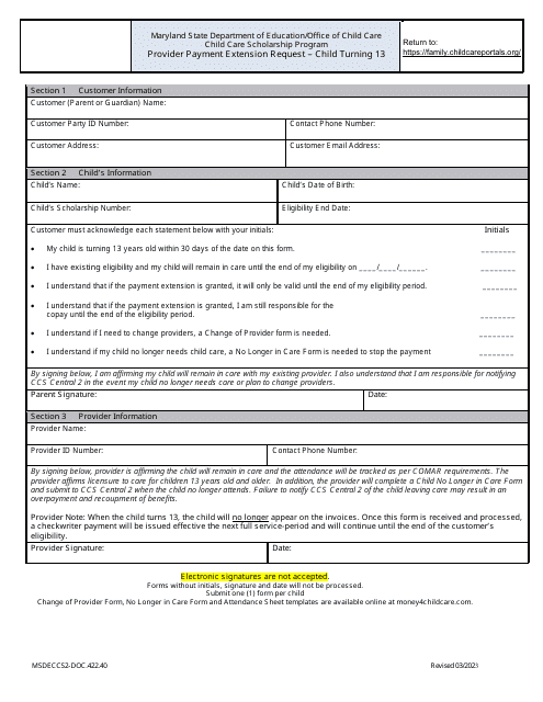 Form DOC.422.40 Provider Payment Extension Request - Child Turning 13 - Child Care Scholarship Program - Maryland