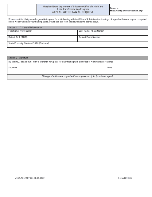 Form DOC.221.21 Appeal Withdrawal Request - Child Care Scholarship Program - Maryland