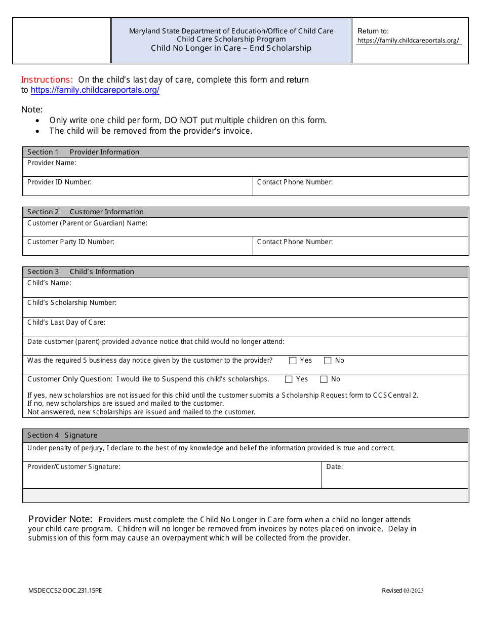 Form DOC.231.15PE Child No Longer in Care - End Scholarship - Child Care Scholarship Program - Maryland, Page 1