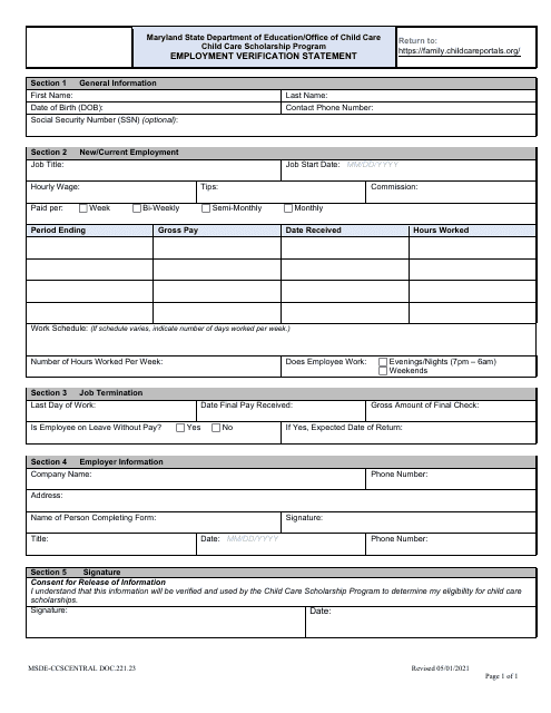 Form DOC.221.23 Employment Verification Statement - Child Care Scholarship Program - Maryland