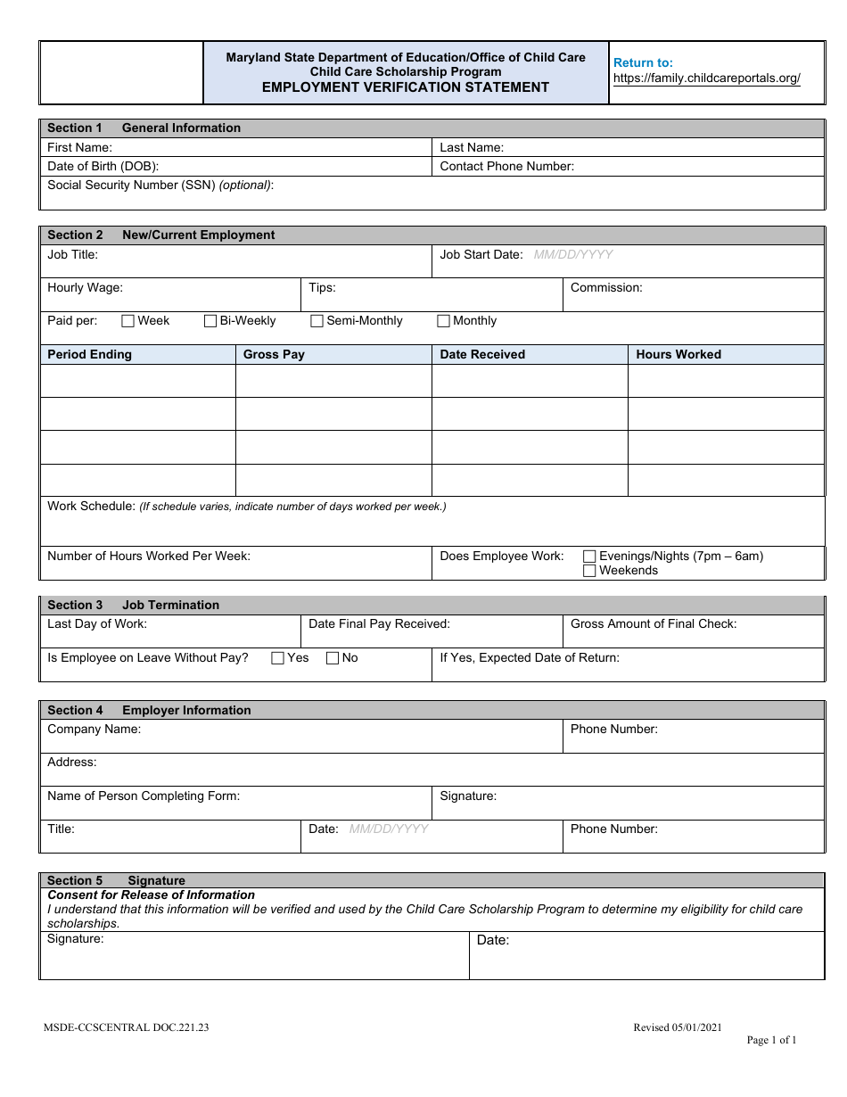 Form DOC.221.23 Employment Verification Statement - Child Care Scholarship Program - Maryland, Page 1