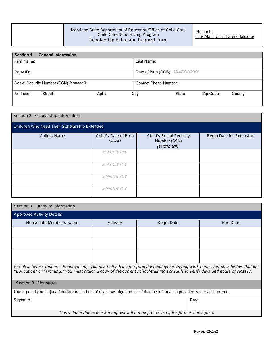 Scholarship Extension Request Form - Child Care Scholarship Program - Maryland, Page 1