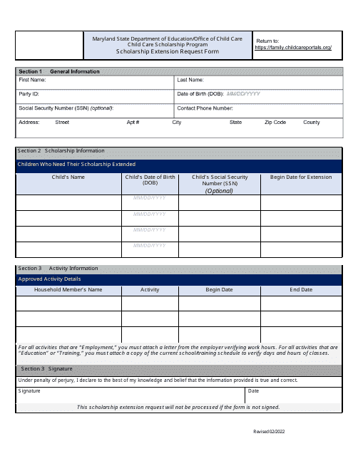 Scholarship Extension Request Form - Child Care Scholarship Program - Maryland Download Pdf