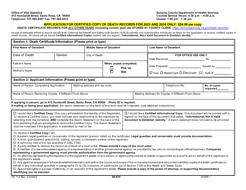 Form VS112 Application for Certified Copy of Death Records - Sonoma County, California, 2024