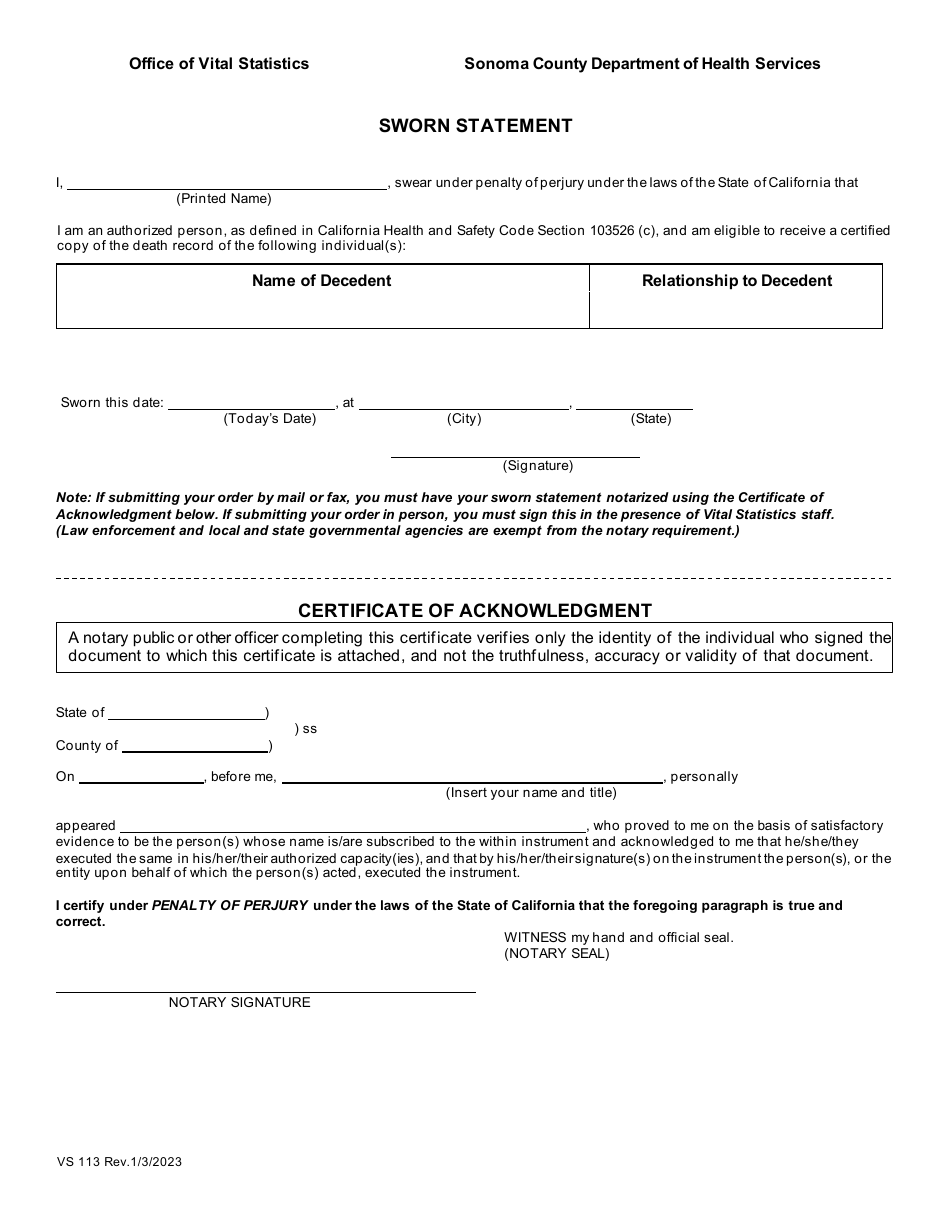 Form VS112 Application for Certified Copy of Death Records - Sonoma County, California, Page 2