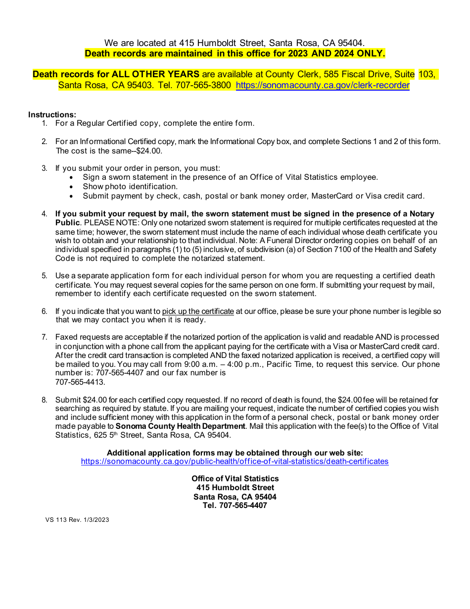 Form VS112 Application for Certified Copy of Death Records - Sonoma County, California, Page 3