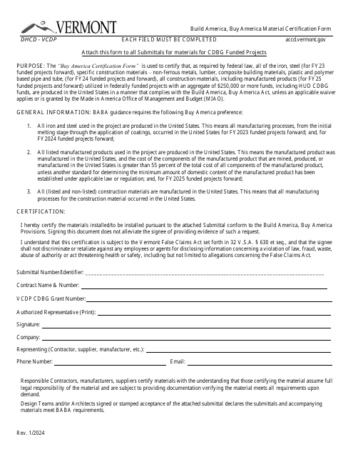 Build America, Buy America Material Certification Form - Vermont Download Pdf