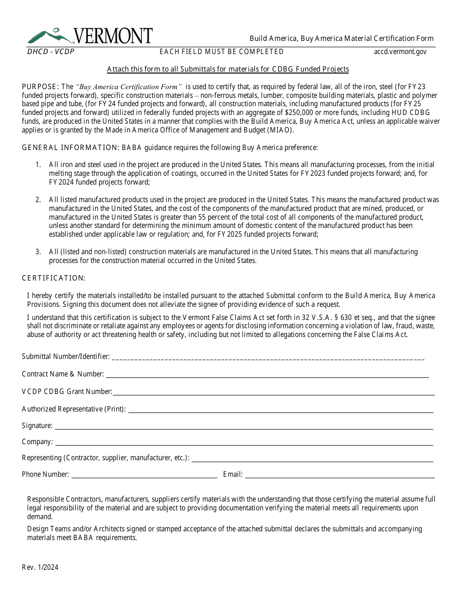 Build America, Buy America Material Certification Form - Vermont, Page 1