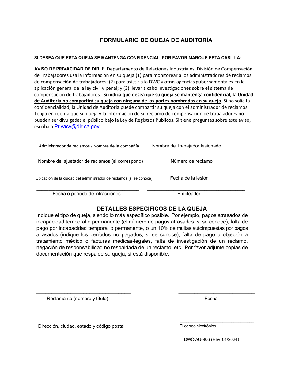 Formulario DWC-AU-906 Formulario De Queja De Auditoria - California (Spanish), Page 1