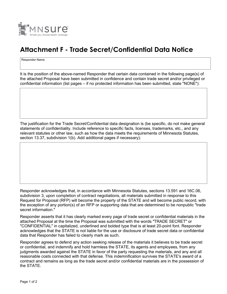Attachment F Trade Secret / Confidential Data Notice - Minnesota, Page 1