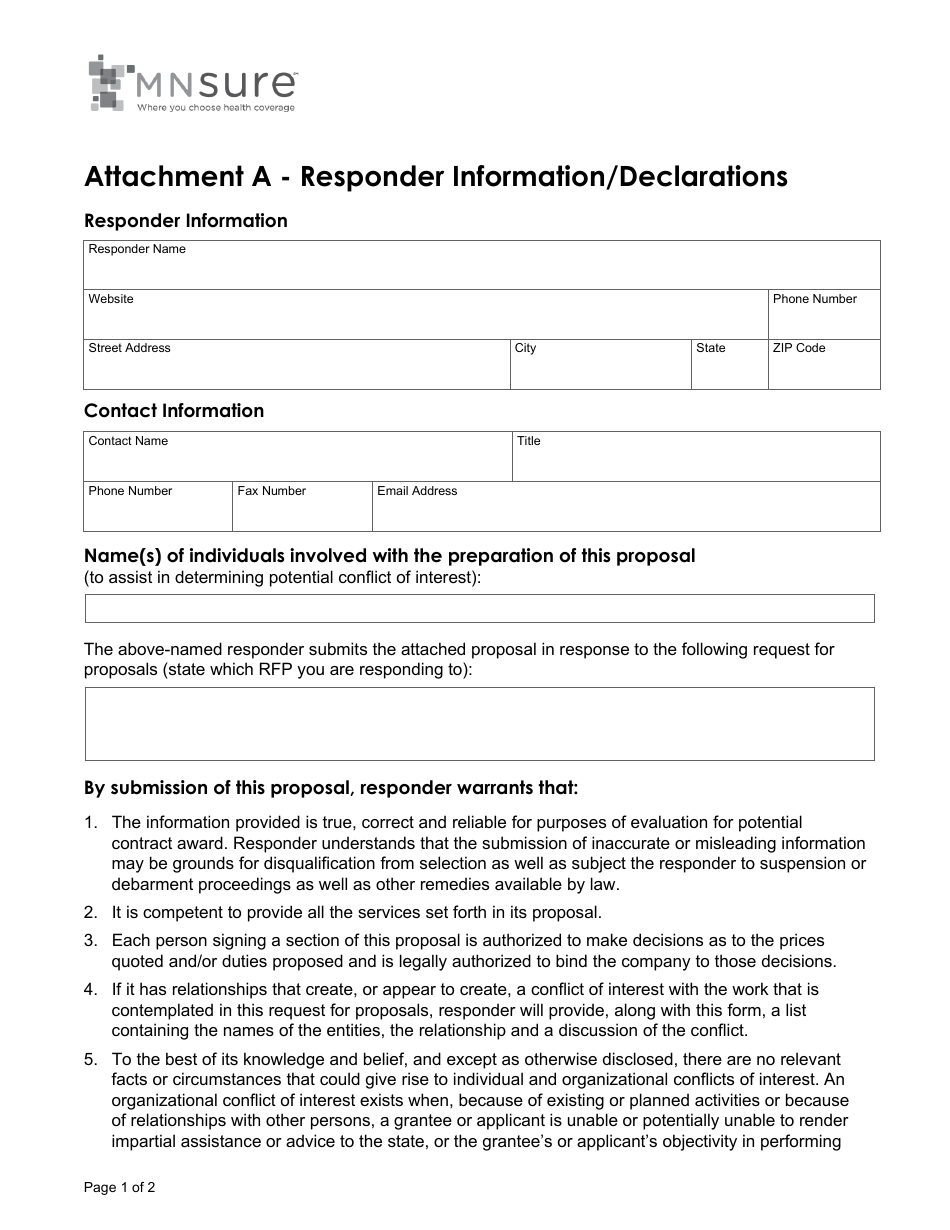 Attachment A Responder Information / Declarations - Minnesota, Page 1