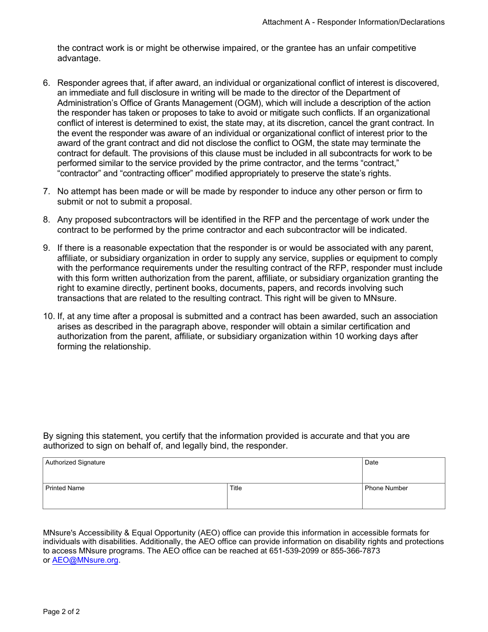 Attachment A Responder Information / Declarations - Minnesota, Page 2