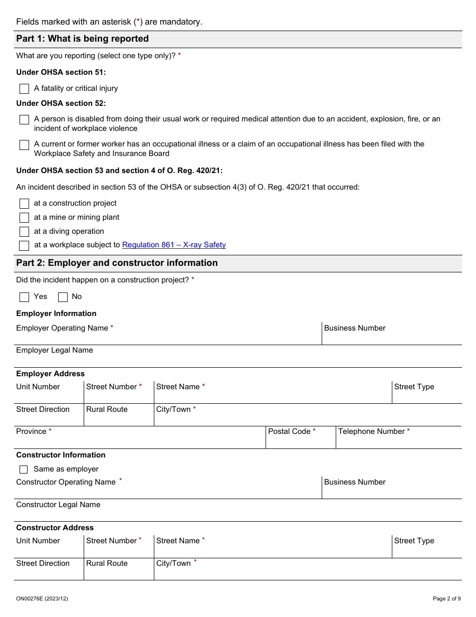 Form ON00276E Report of a Workplace Fatality, Injury, Illness or Incident (Ohsa S. 51, 52, 53) - Ontario, Canada, Page 2