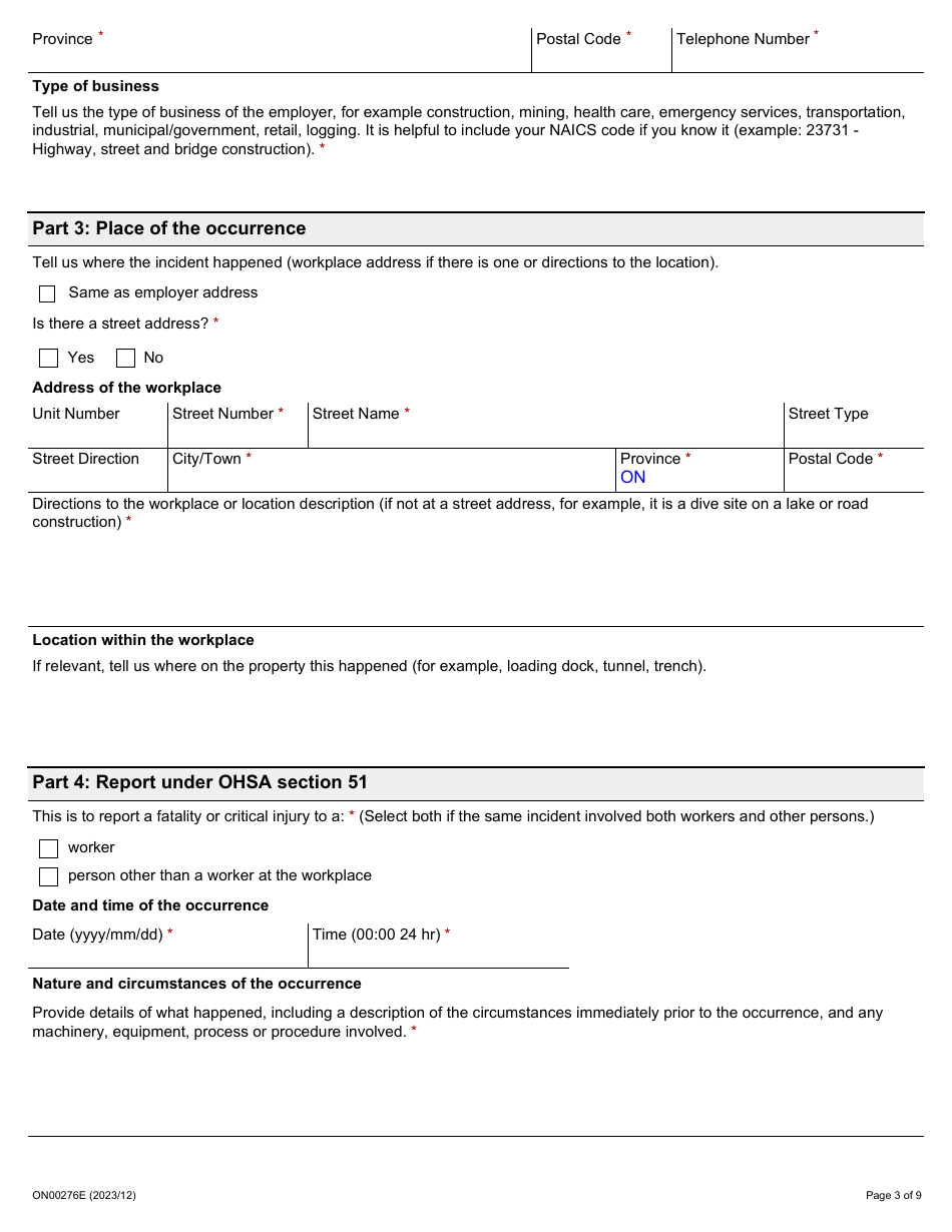 Form ON00276E Report of a Workplace Fatality, Injury, Illness or Incident (Ohsa S. 51, 52, 53) - Ontario, Canada, Page 3