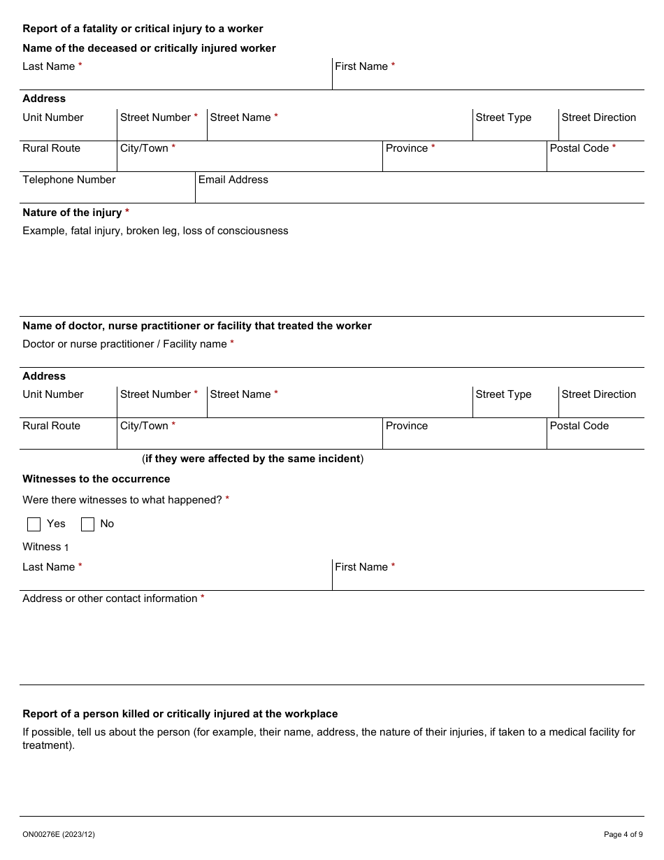 Form ON00276E Report of a Workplace Fatality, Injury, Illness or Incident (Ohsa S. 51, 52, 53) - Ontario, Canada, Page 4